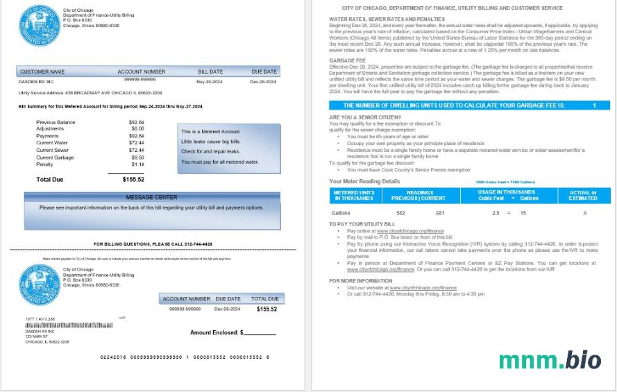USA Miasto CHICAGO Business utility bill słowo i szablon PDF